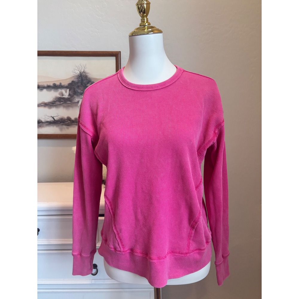 Pink Waffle Knit Thermal Top Long Sleeve Crewneck Seven7 Hot Pink XS